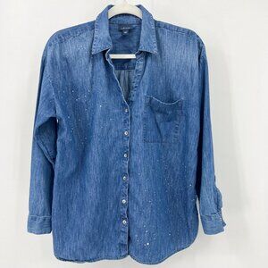 J.Jill Denim S‎ Paint Splatter Button Down Chambray Shirt Blue Womens Size Small